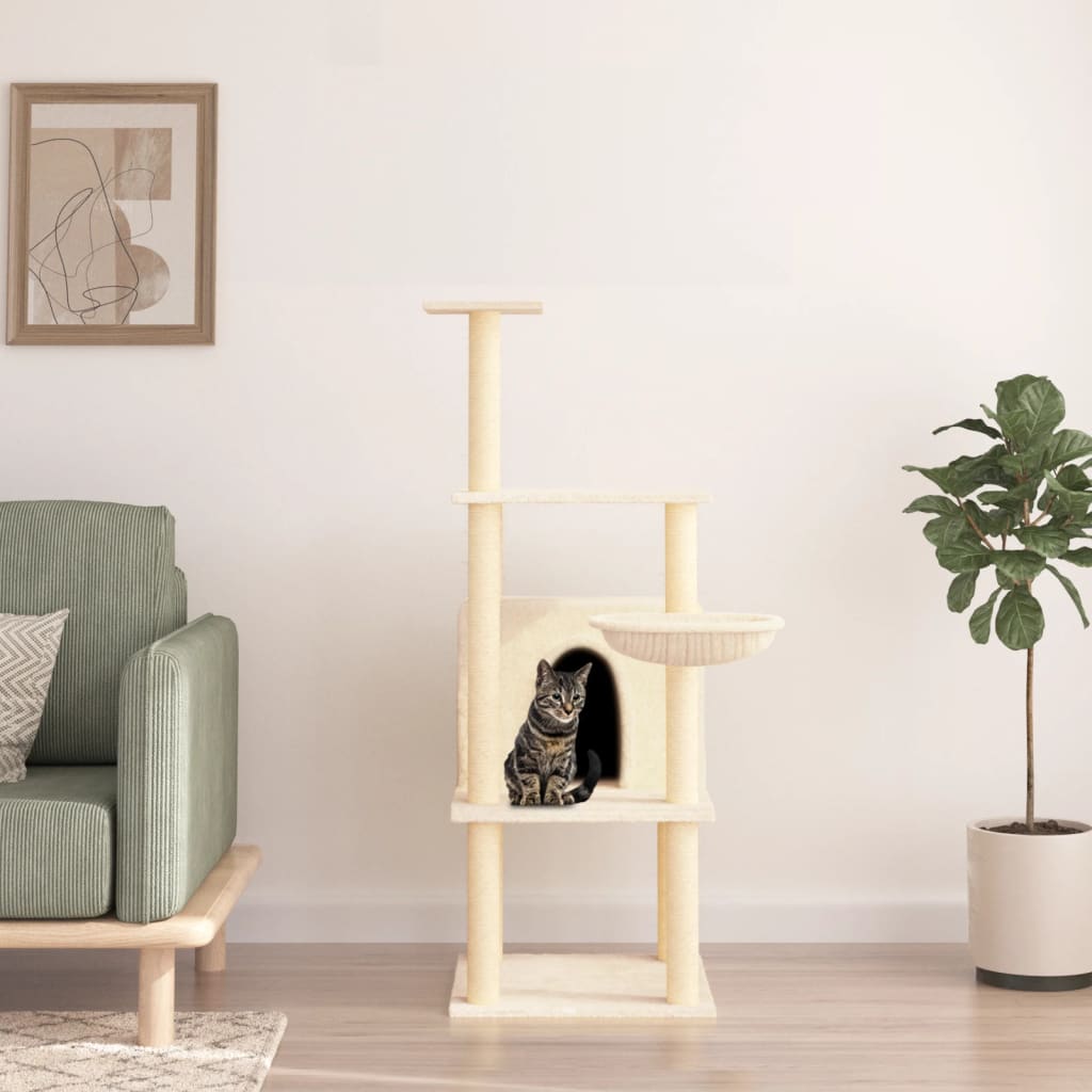 Cat house with sisal rope scratching posts, cream, 132 cm