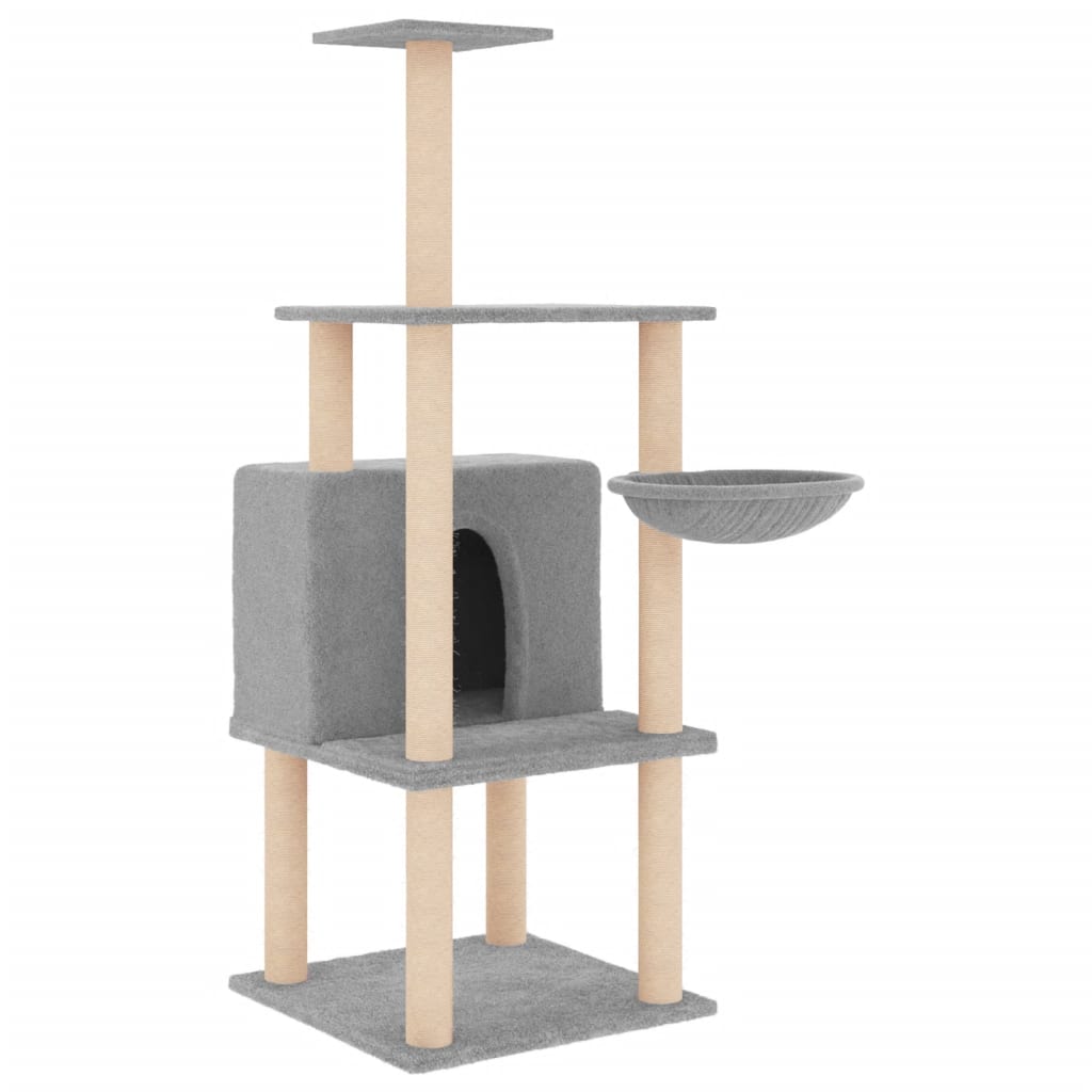 Cat house with sisal rope scratching posts, light grey, 132 cm