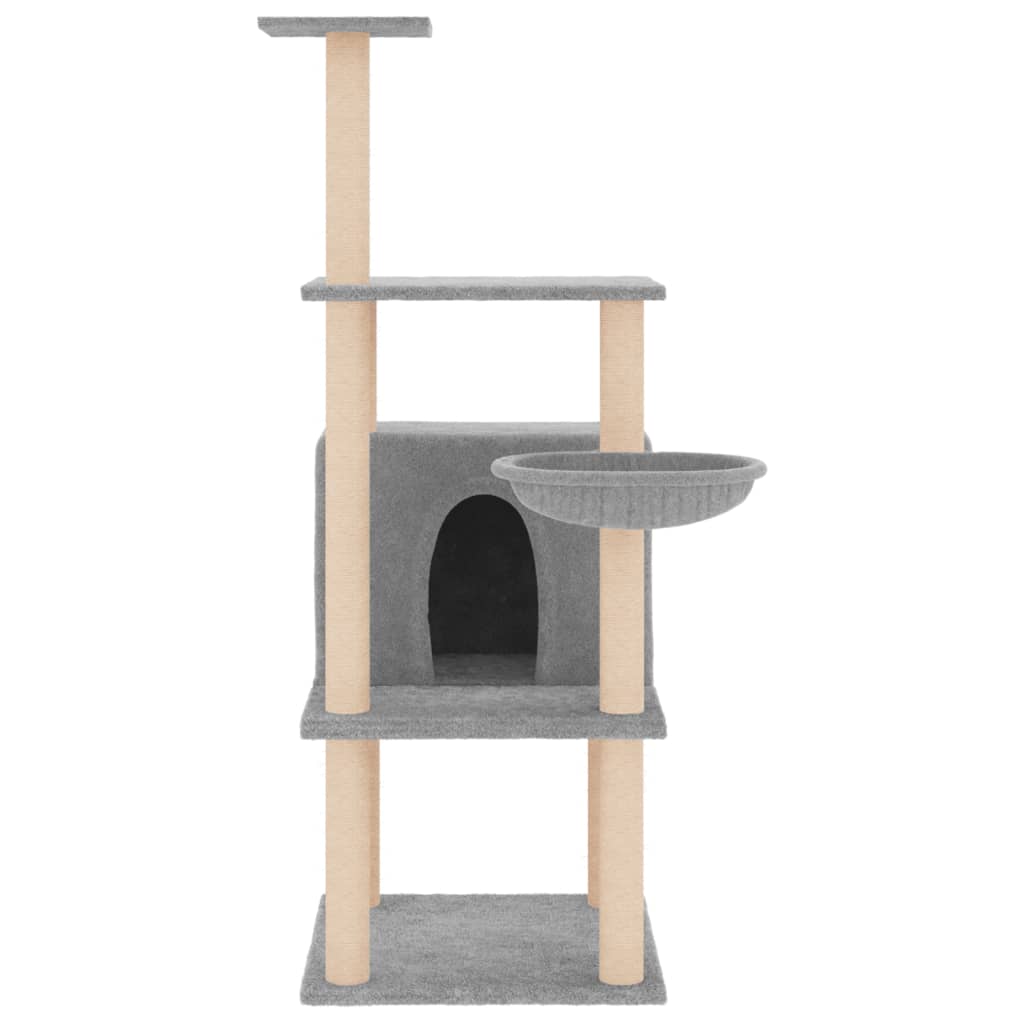 Cat house with sisal rope scratching posts, light grey, 132 cm