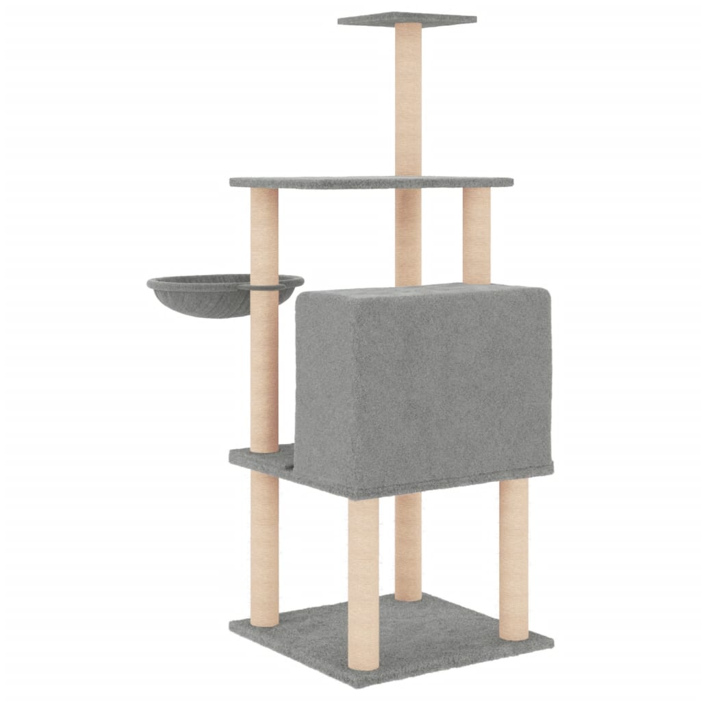 Cat house with sisal rope scratching posts, light grey, 132 cm