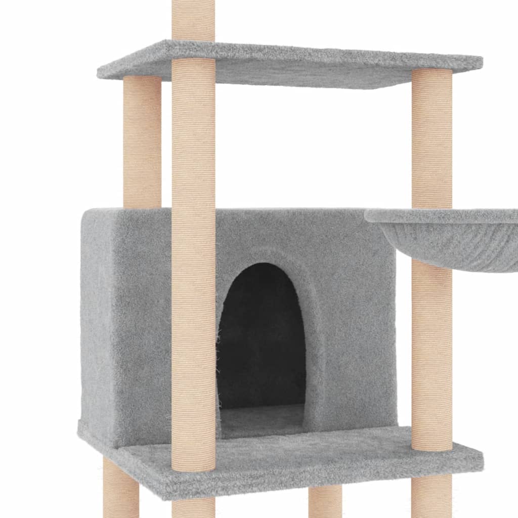 Cat house with sisal rope scratching posts, light grey, 132 cm