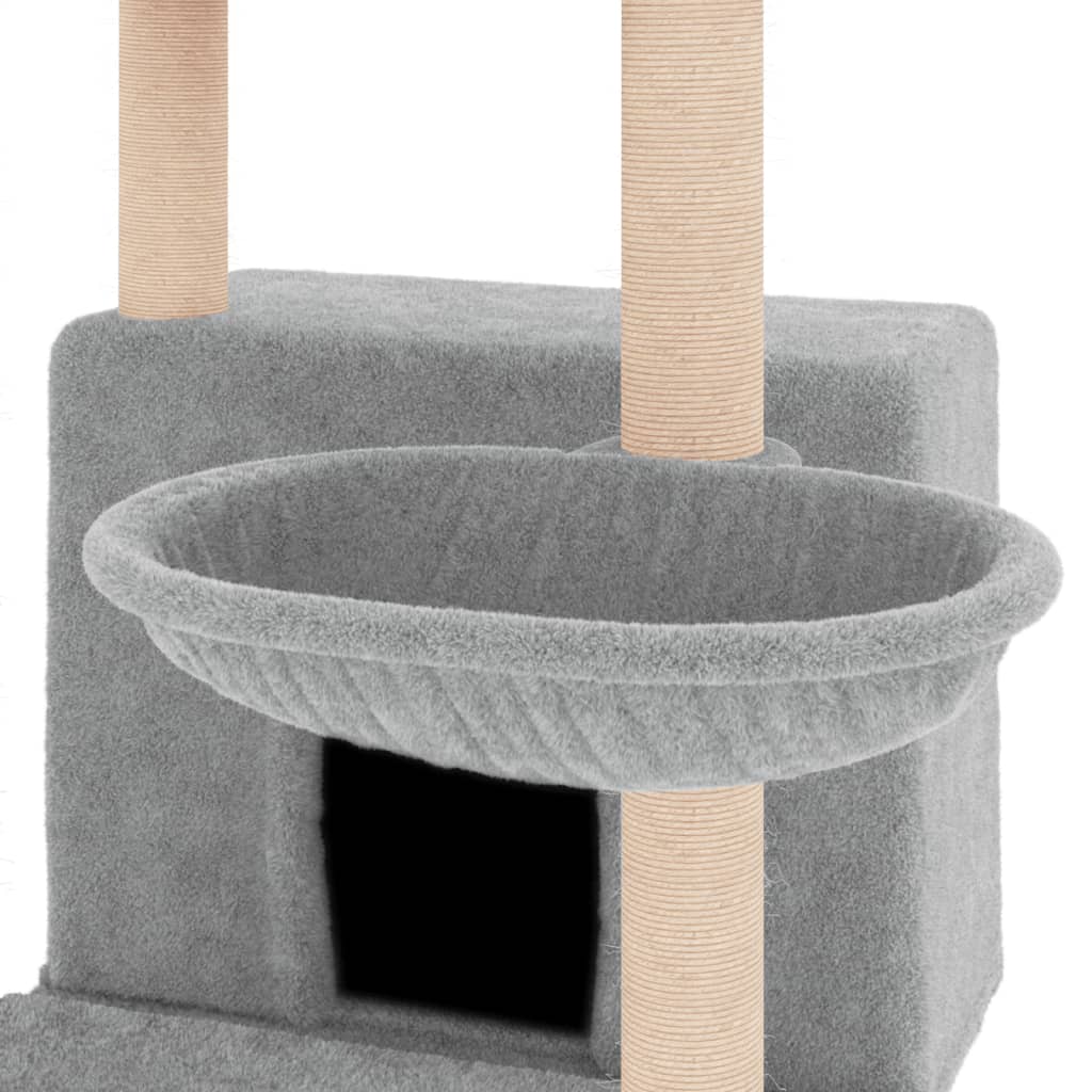 Cat house with sisal rope scratching posts, light grey, 132 cm