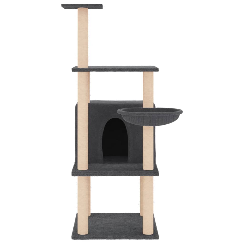 Cat house with sisal rope scratching posts, dark grey, 132 cm