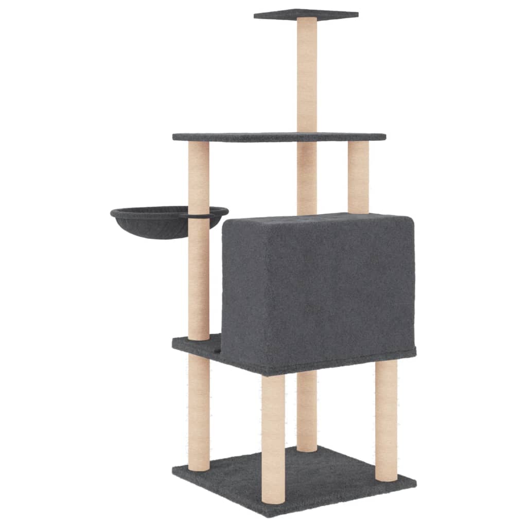 Cat house with sisal rope scratching posts, dark grey, 132 cm