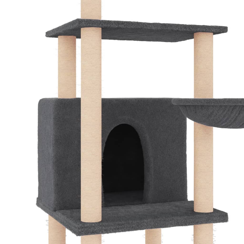 Cat house with sisal rope scratching posts, dark grey, 132 cm