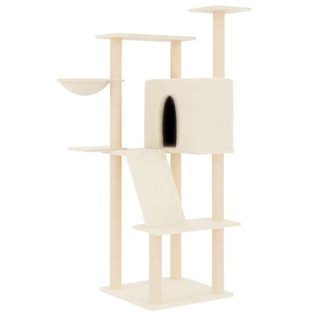 Cat house with sisal rope scratching posts, cream, 143 cm