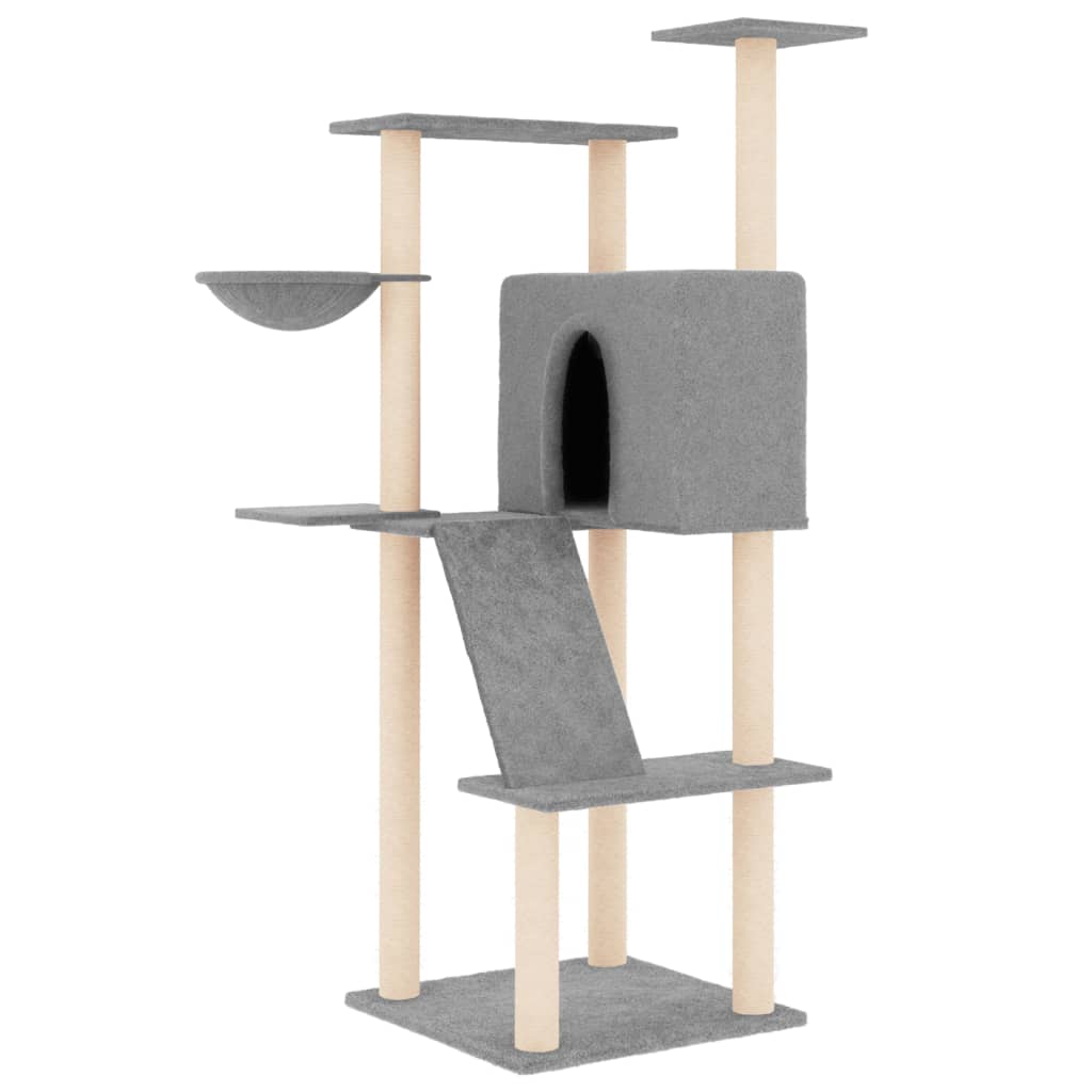 Cat house with sisal rope scratching posts, light grey, 143 cm