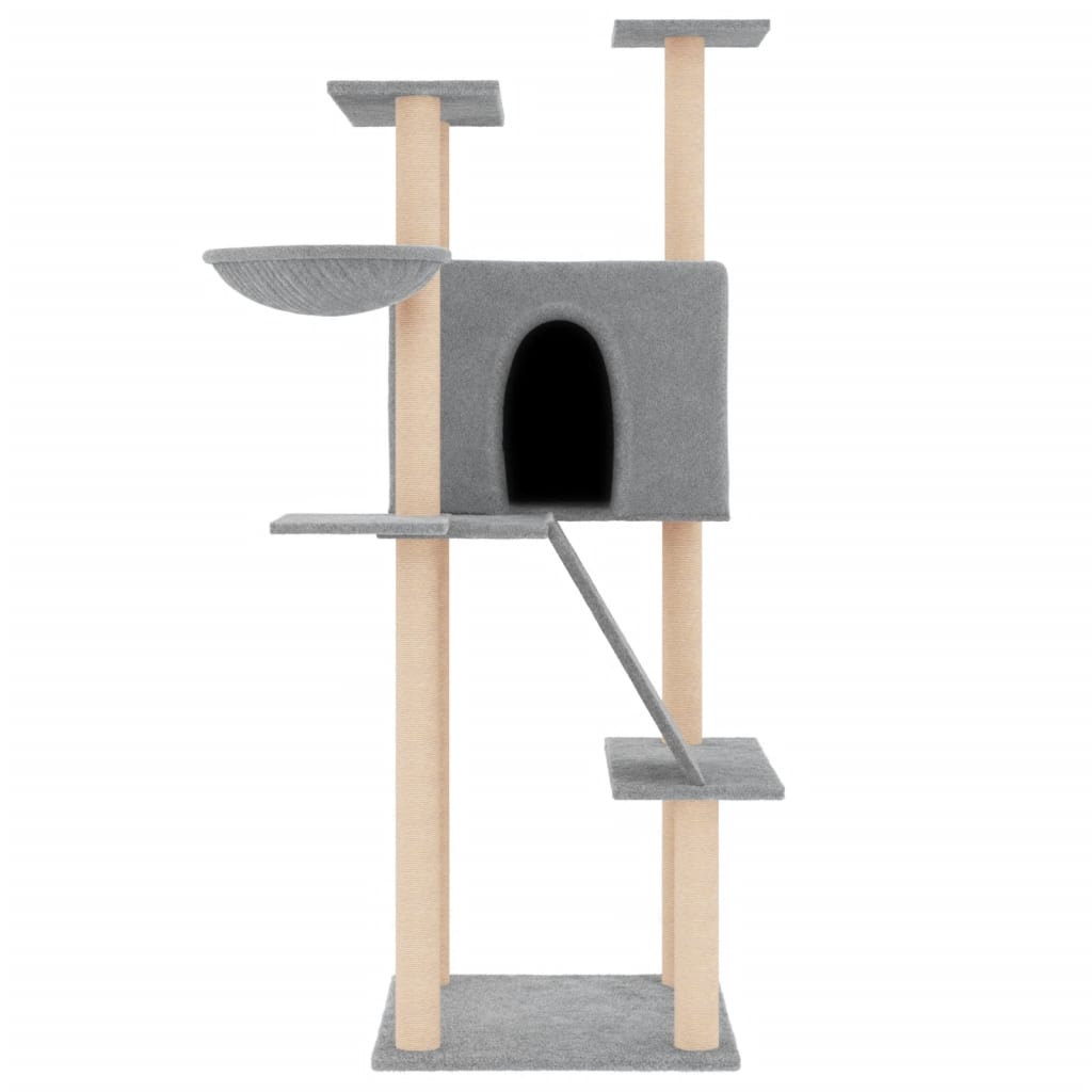 Cat house with sisal rope scratching posts, light grey, 143 cm