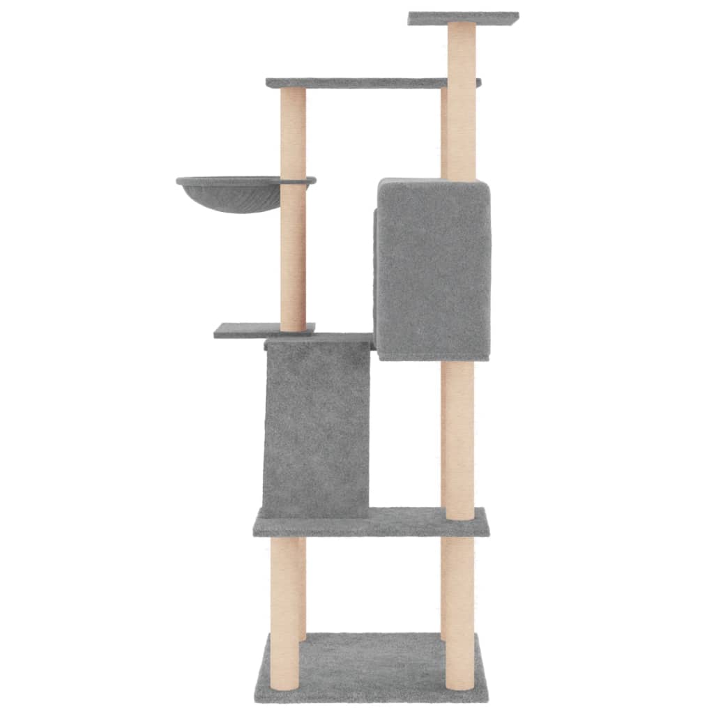 Cat house with sisal rope scratching posts, light grey, 143 cm