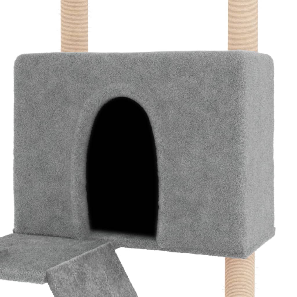 Cat house with sisal rope scratching posts, light grey, 143 cm