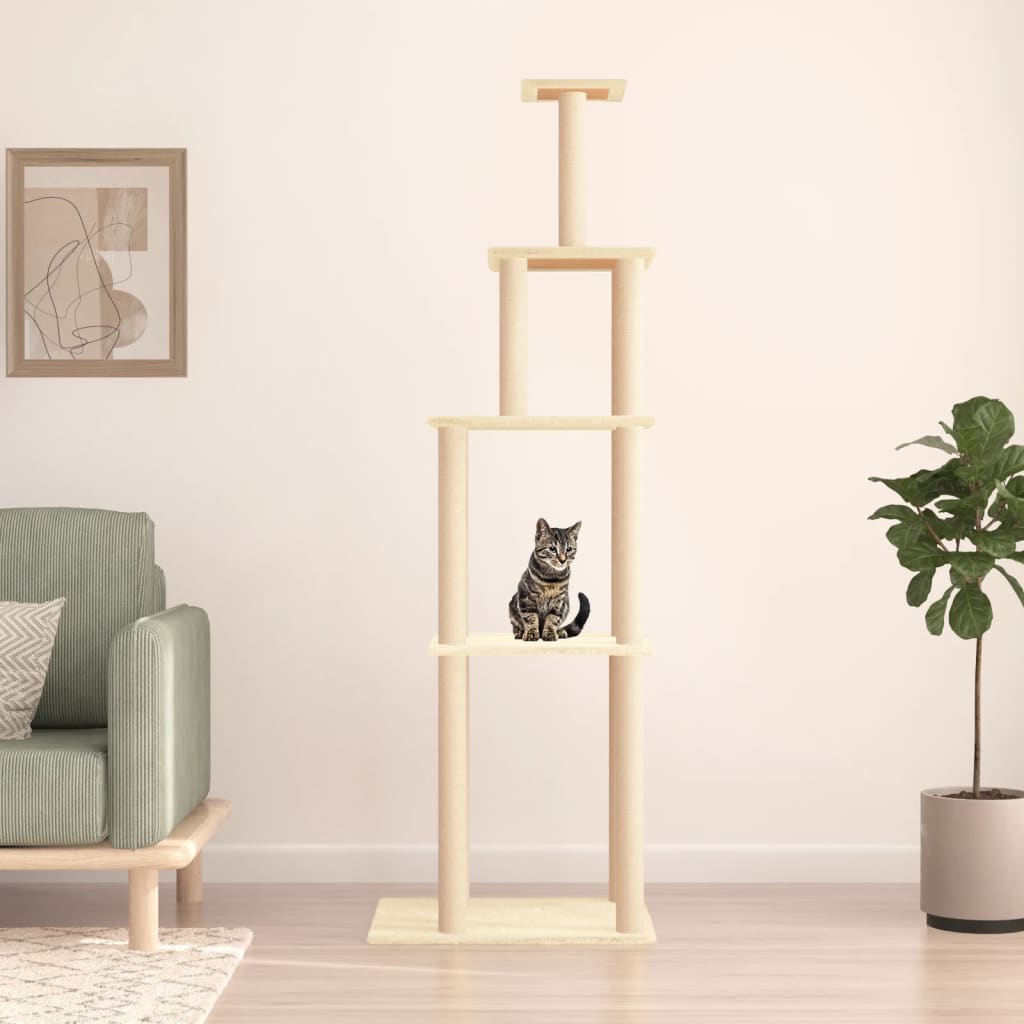 Cat house with sisal rope scratching posts, cream, 183 cm