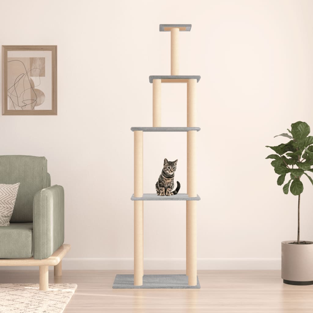 Cat house with sisal rope scratching posts, light grey, 183 cm