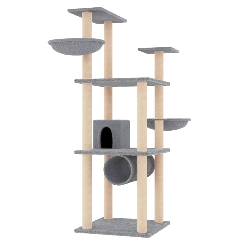 Cat house with sisal rope scratching posts, light grey, 141 cm