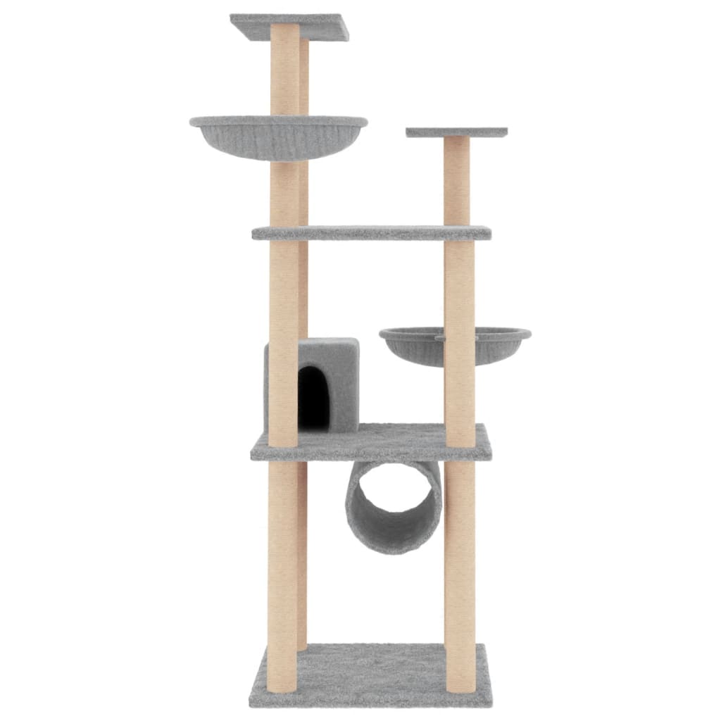 Cat house with sisal rope scratching posts, light grey, 141 cm