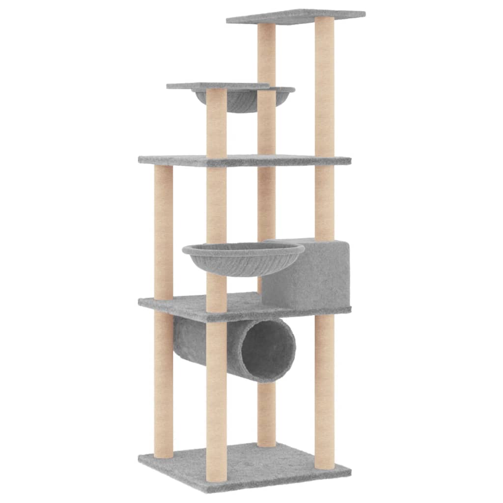 Cat house with sisal rope scratching posts, light grey, 141 cm