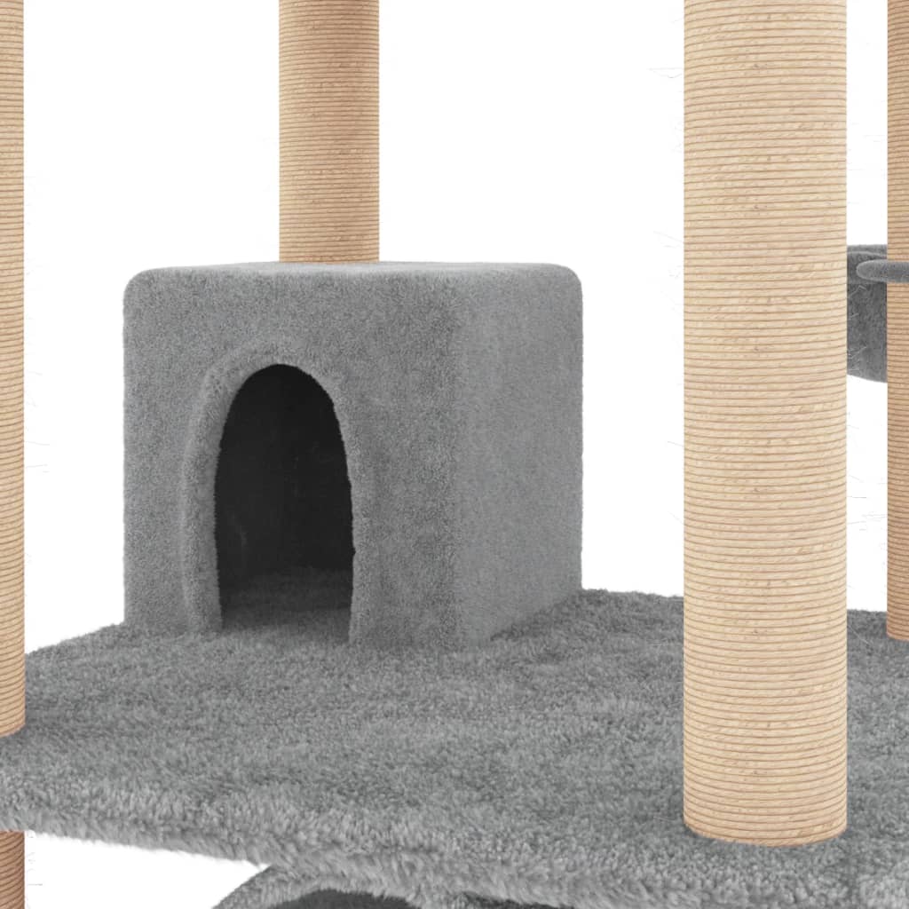 Cat house with sisal rope scratching posts, light grey, 141 cm