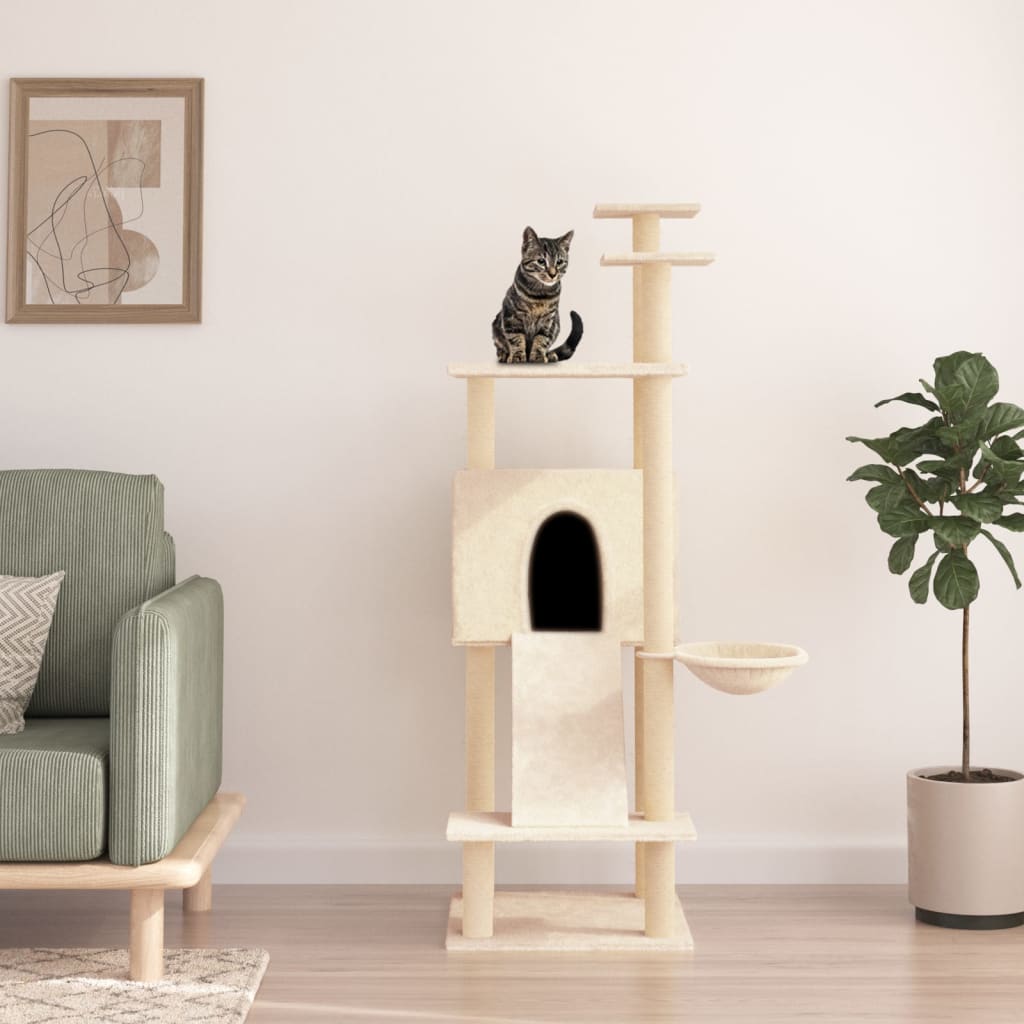 Cat house with sisal rope and scratching post, cream, 153 cm