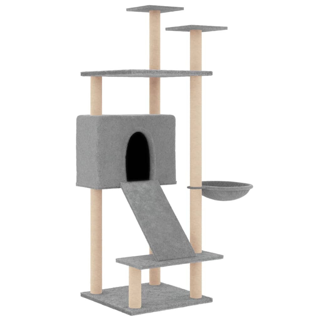 Cat house with sisal rope and scratching post, light grey, 153 cm