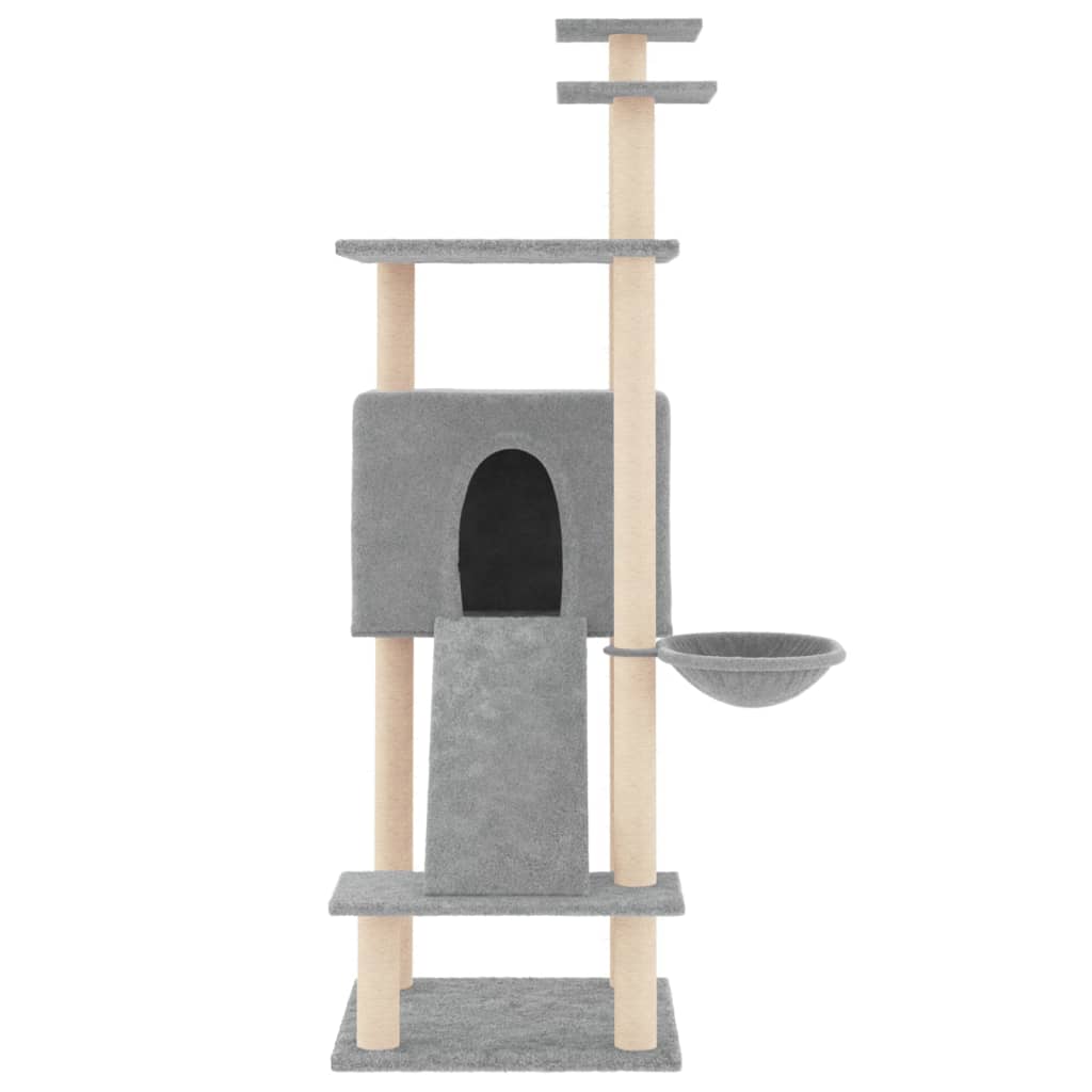 Cat house with sisal rope and scratching post, light grey, 153 cm