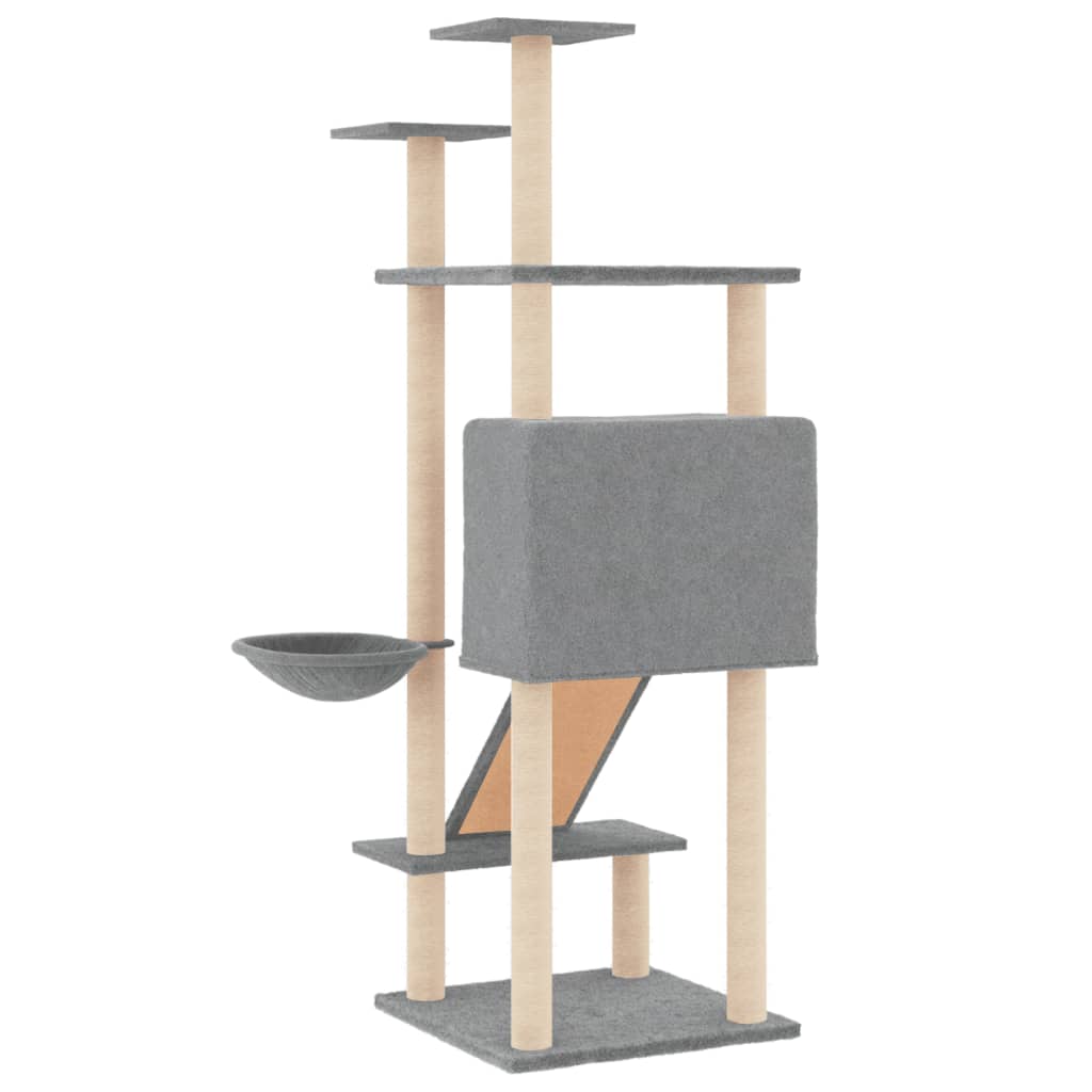 Cat house with sisal rope and scratching post, light grey, 153 cm