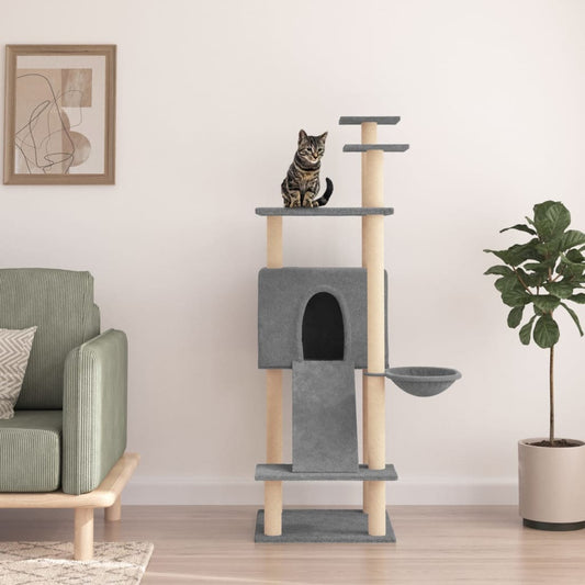 Cat house with sisal rope and scratching post, light grey, 153 cm