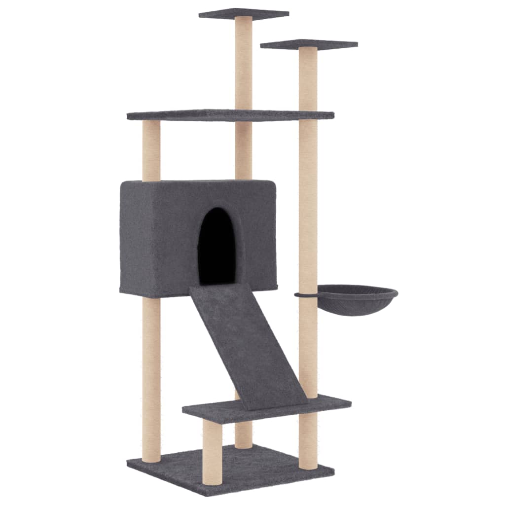 Cat house with sisal rope and scratching post, dark grey, 153 cm