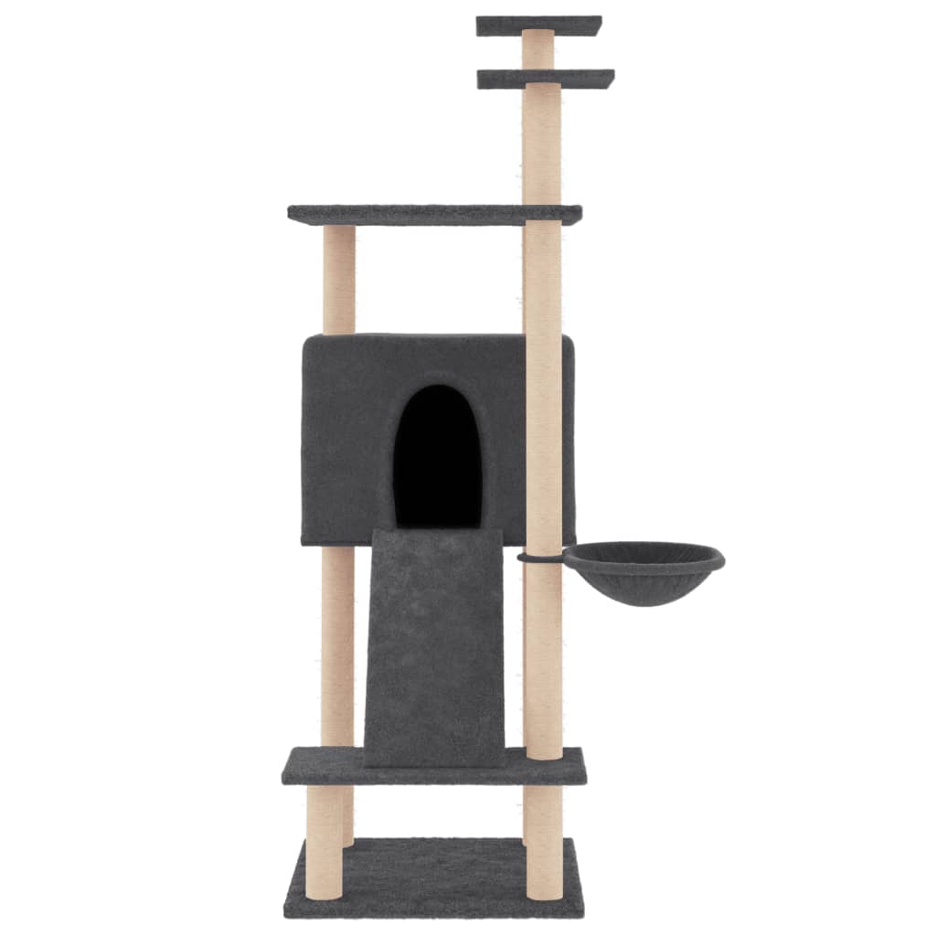 Cat house with sisal rope and scratching post, dark grey, 153 cm