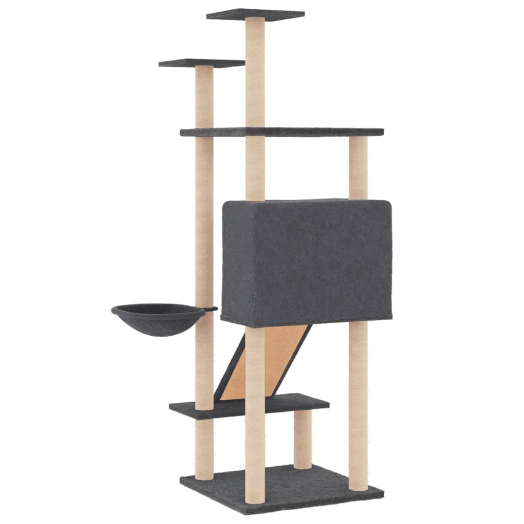 Cat house with sisal rope and scratching post, dark grey, 153 cm