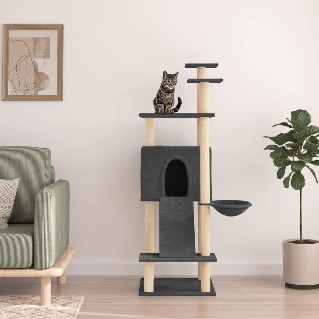 Cat house with sisal rope and scratching post, dark grey, 153 cm