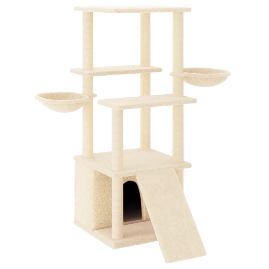 Cat house with sisal rope scratching posts, cream, 133 cm