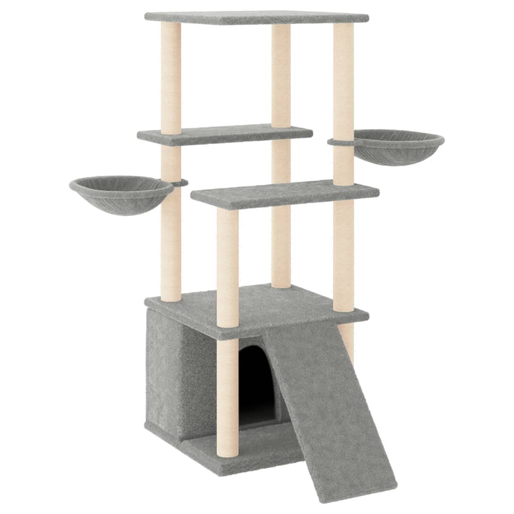 Cat house with sisal rope scratching posts, light grey, 133 cm