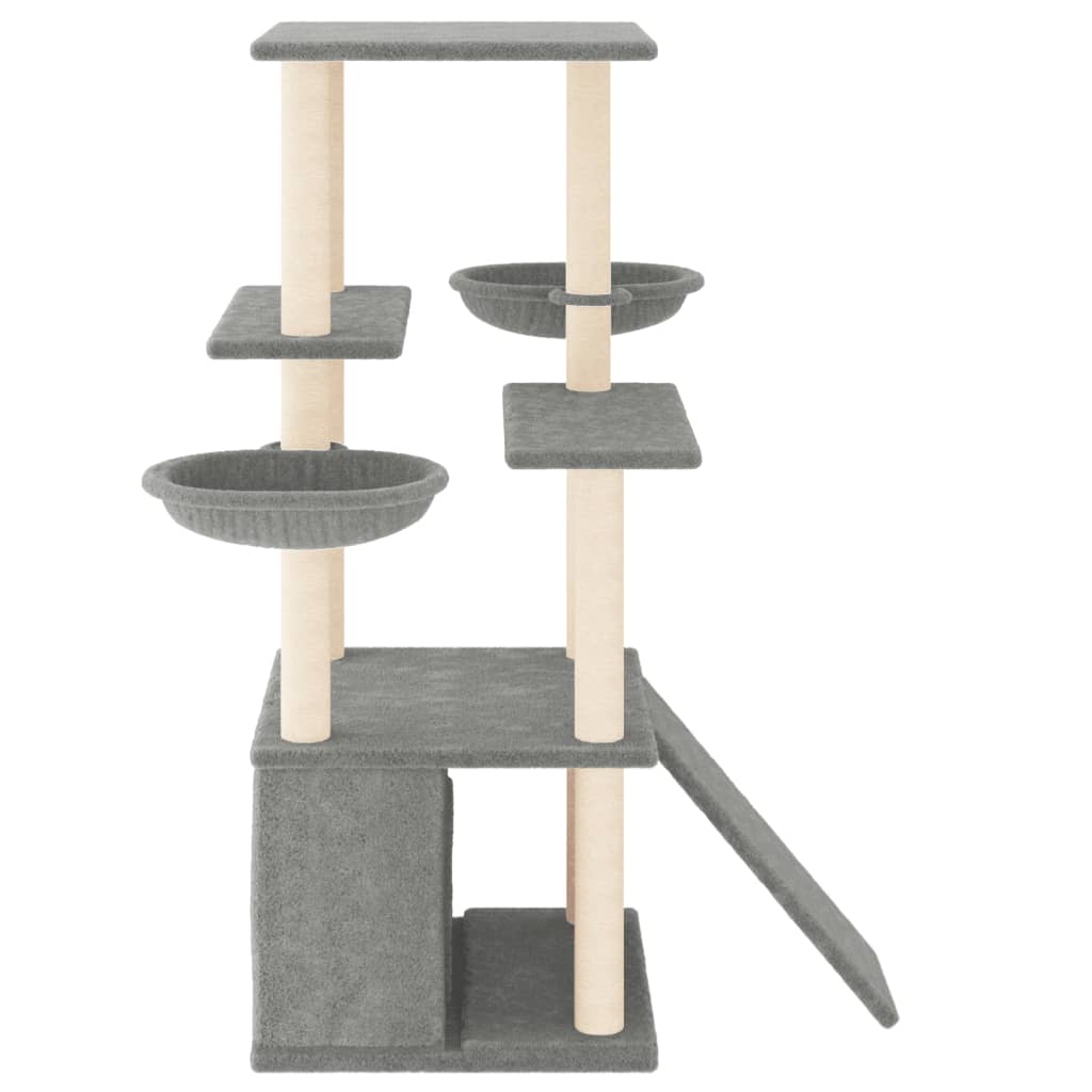 Cat house with sisal rope scratching posts, light grey, 133 cm