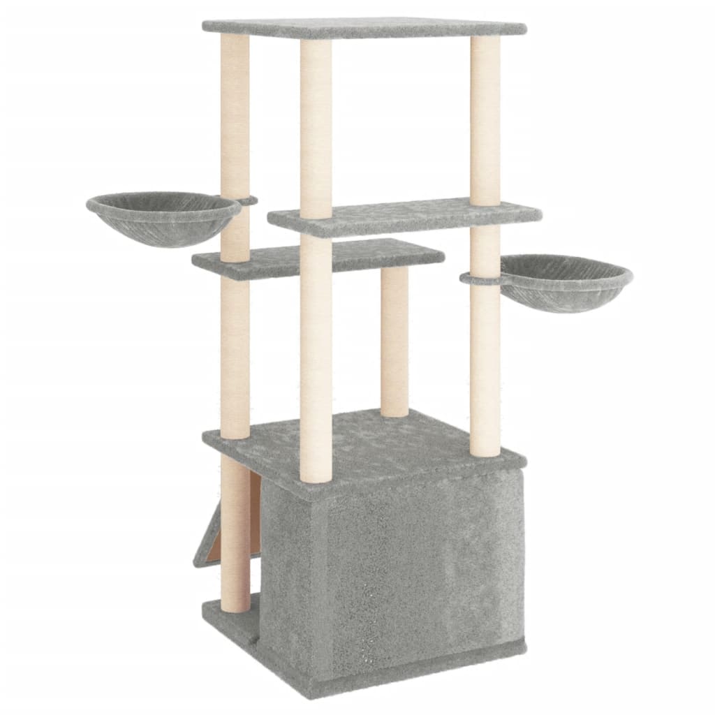 Cat house with sisal rope scratching posts, light grey, 133 cm