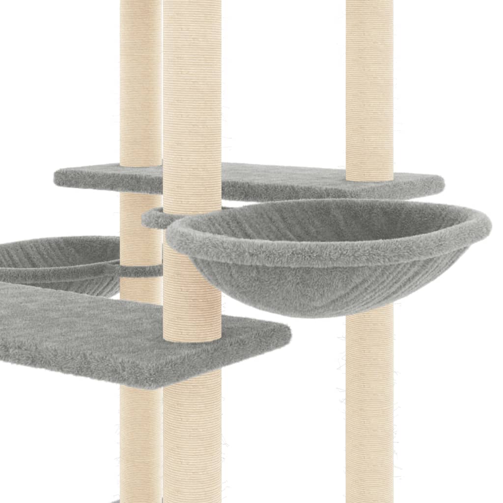 Cat house with sisal rope scratching posts, light grey, 133 cm