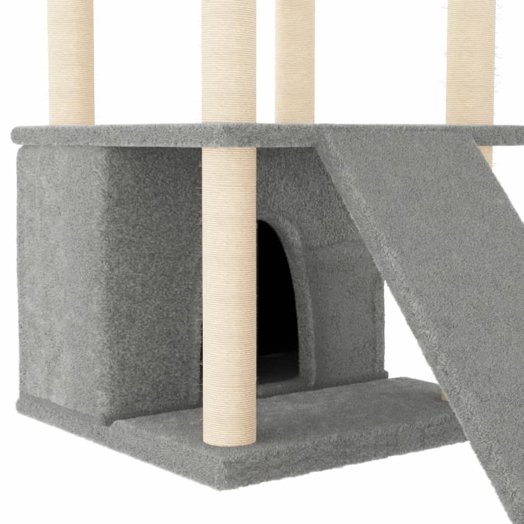 Cat house with sisal rope scratching posts, light grey, 133 cm