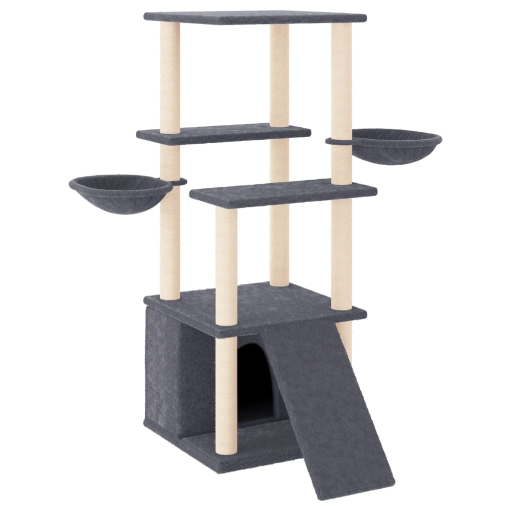 Cat house with sisal rope scratching posts, dark grey, 133 cm