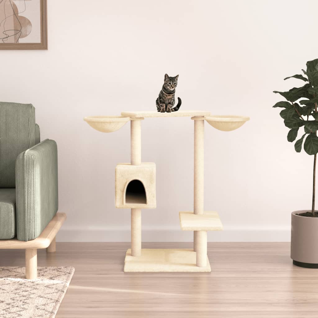 Cat house with scratching posts, cream, 82 cm