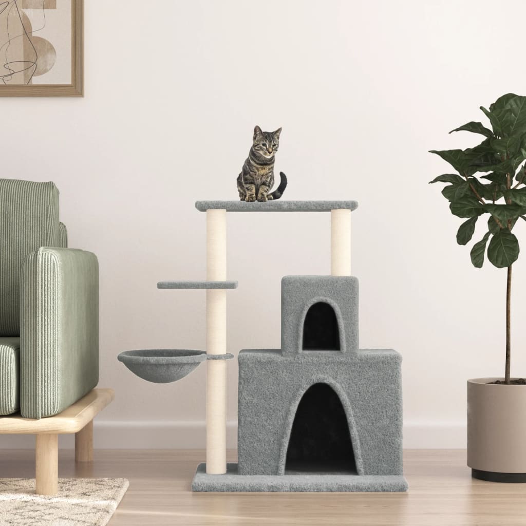 Cat house with sisal rope and scratching post, light grey, 83 cm