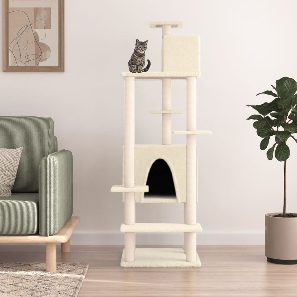 Cat house with sisal rope and scratching post, cream, 154 cm