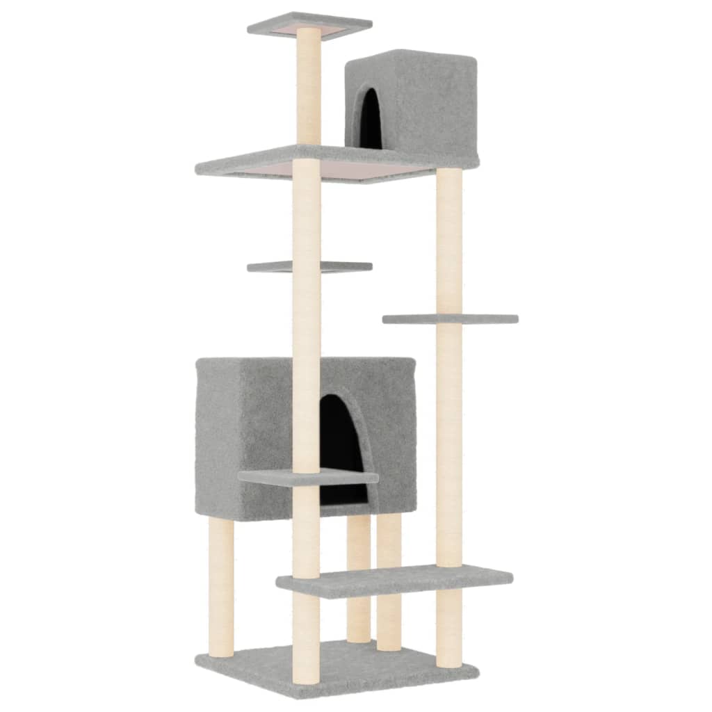 Cat house with sisal rope and scratching post, light grey, 154 cm