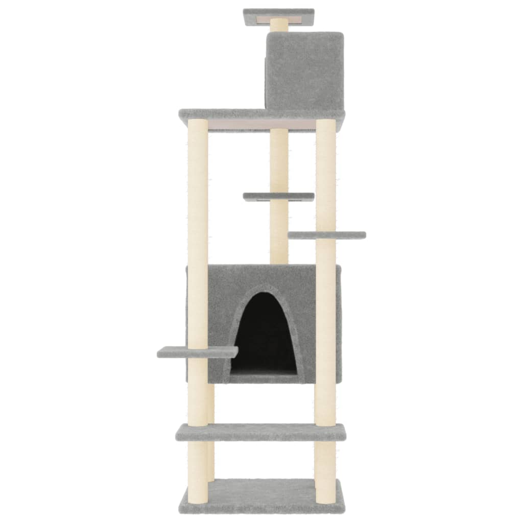 Cat house with sisal rope and scratching post, light grey, 154 cm