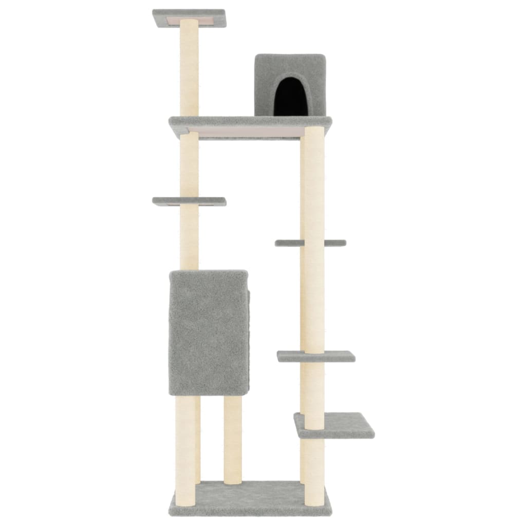 Cat house with sisal rope and scratching post, light grey, 154 cm