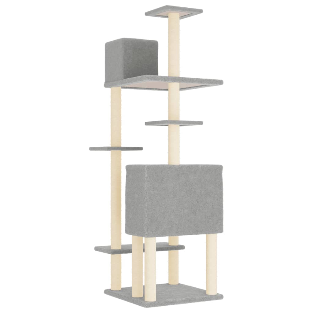 Cat house with sisal rope and scratching post, light grey, 154 cm