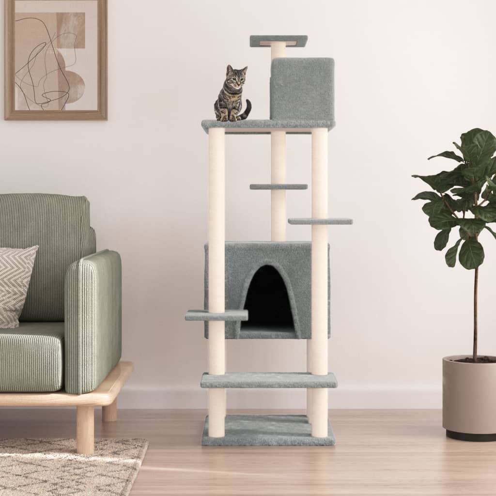 Cat house with sisal rope and scratching post, light grey, 154 cm