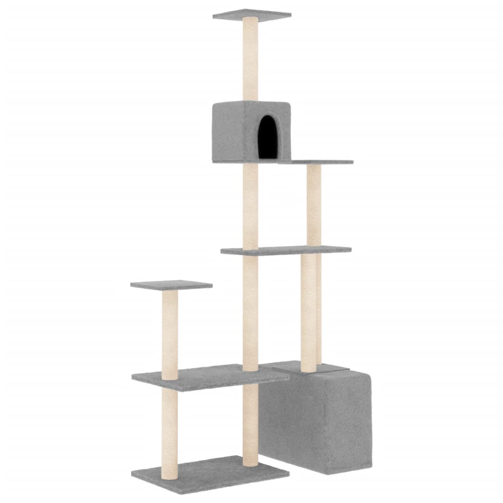 Cat house with sisal rope and scratching post, light grey, 180 cm