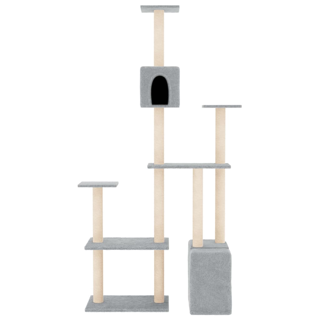 Cat house with sisal rope and scratching post, light grey, 180 cm