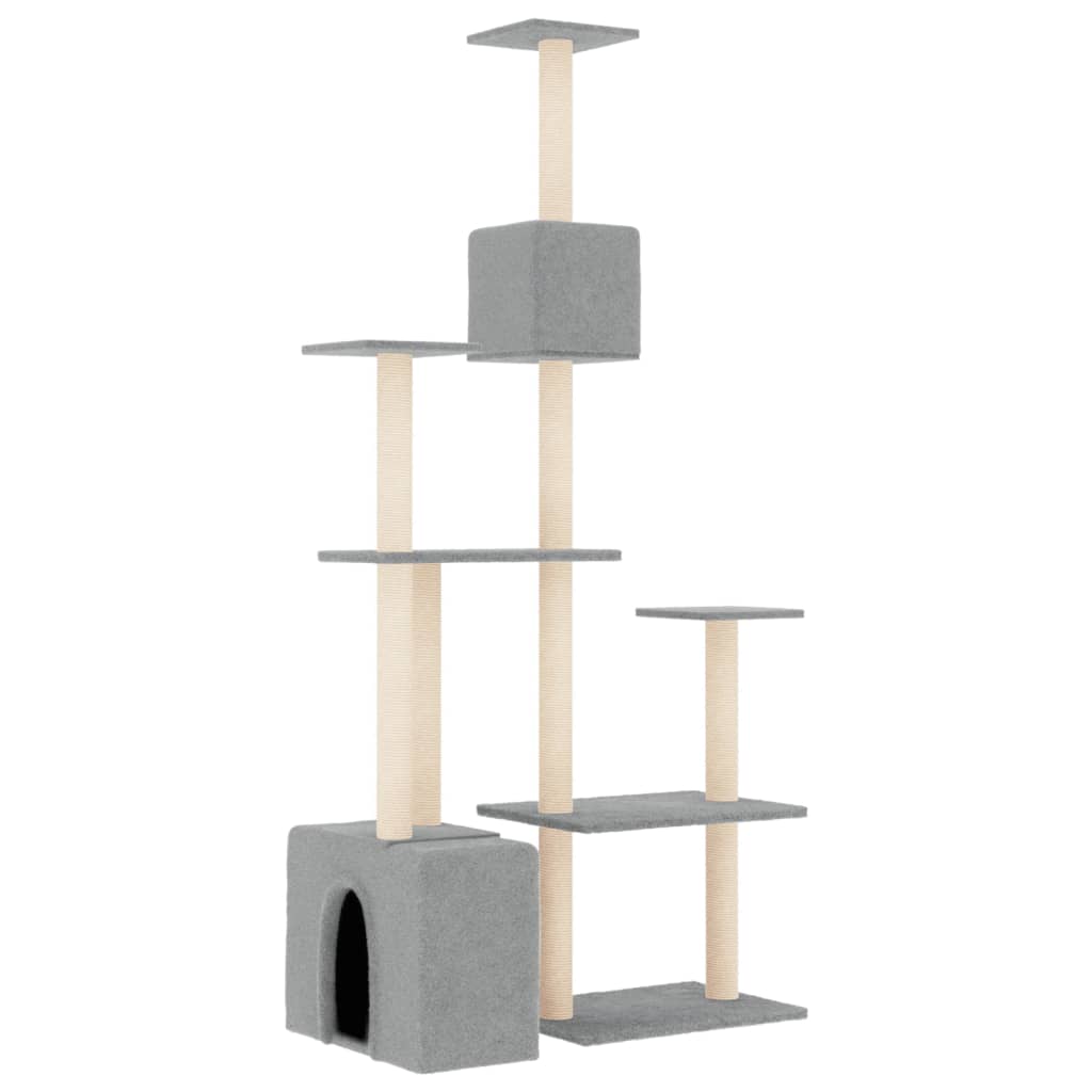 Cat house with sisal rope and scratching post, light grey, 180 cm