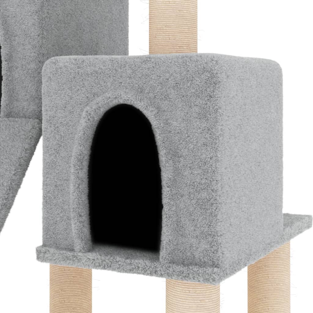 Cat house with sisal rope and scratching post, light grey, 82 cm