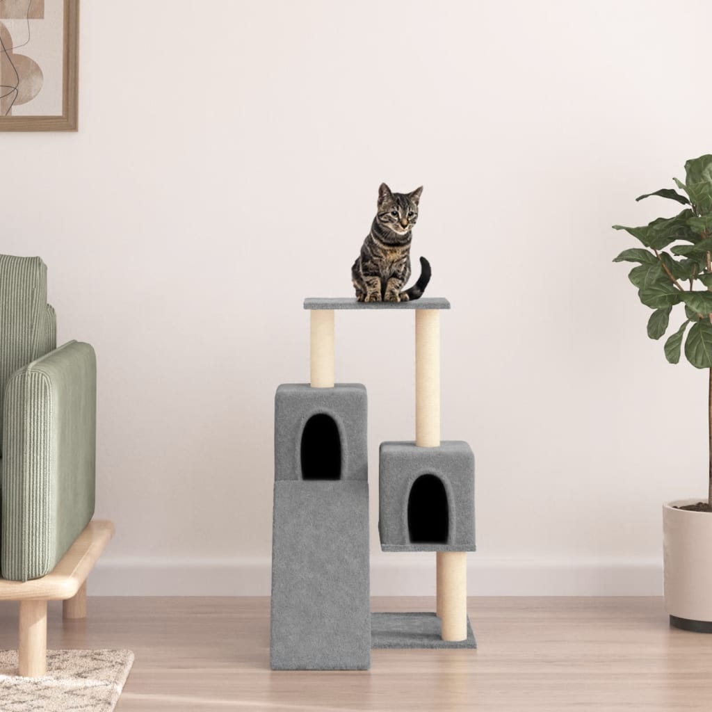 Cat house with sisal rope and scratching post, light grey, 82 cm