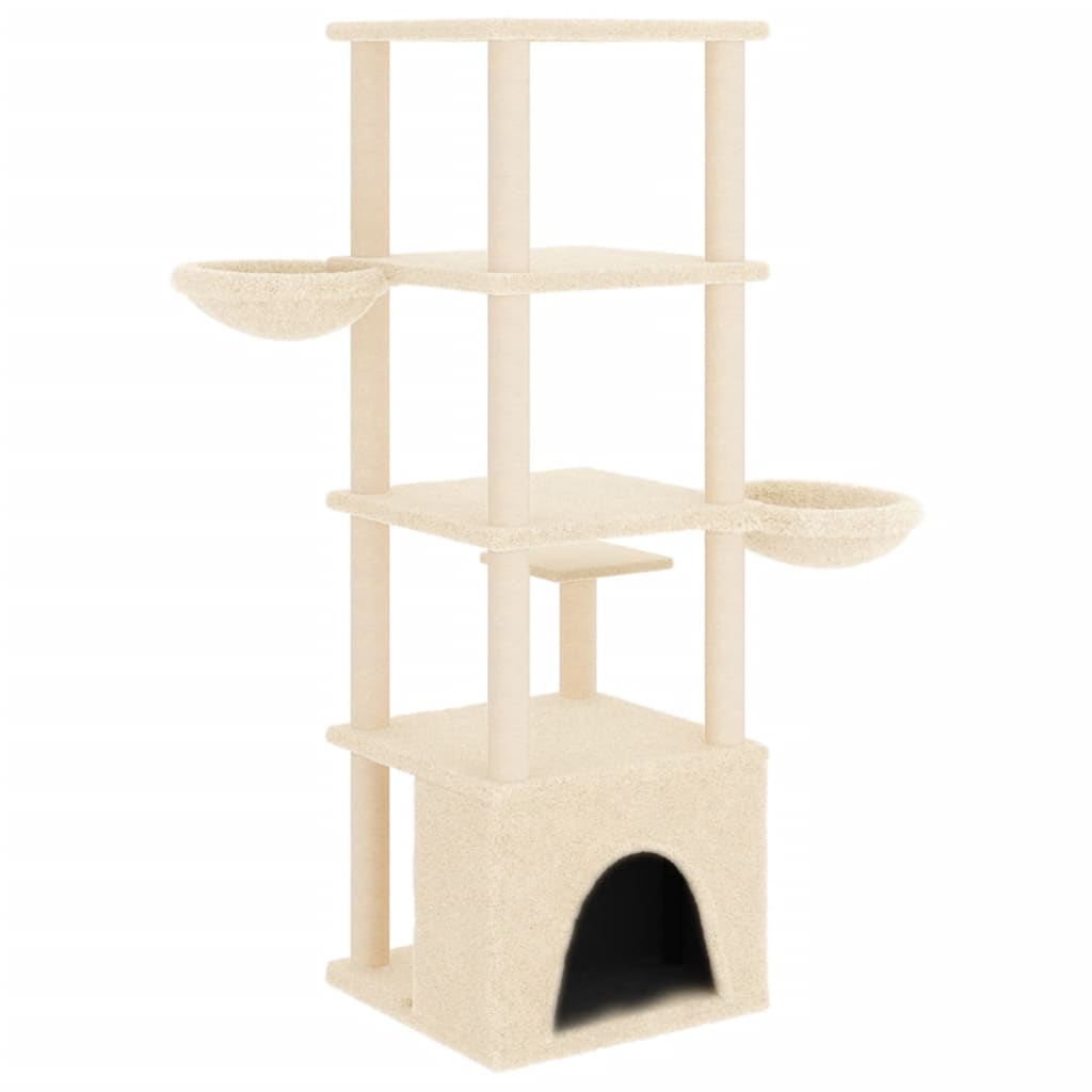 Cat house with sisal rope scratching posts, cream, 147 cm